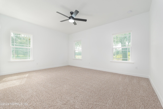 carpeted empty room with a healthy amount of sunlight and ceiling fan