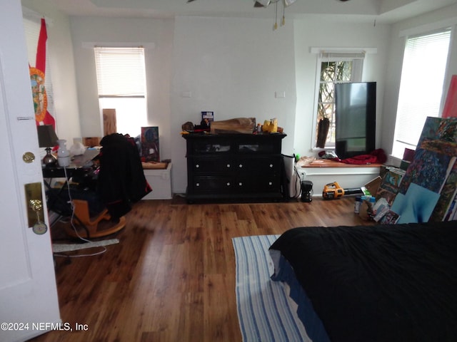 bedroom with dark hardwood / wood-style floors