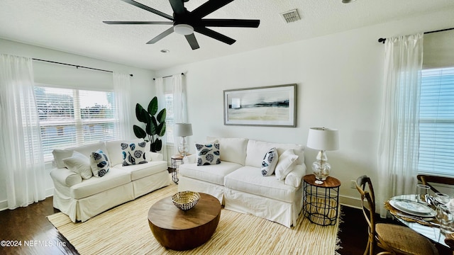 living room with ceiling fan, a textured ceiling, and wood-type flooring