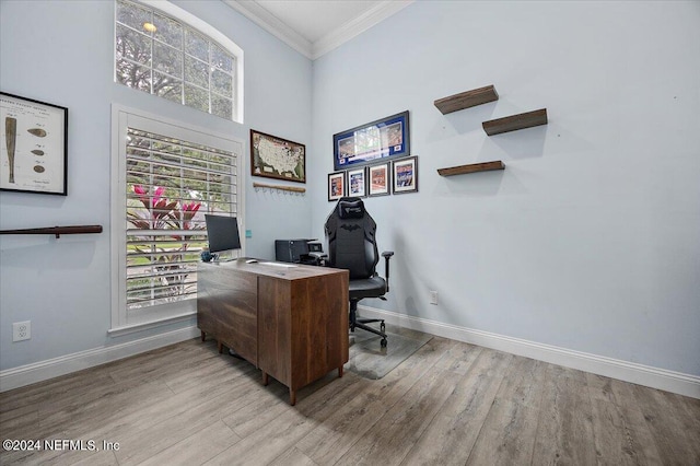 office with a high ceiling, ornamental molding, and light hardwood / wood-style flooring