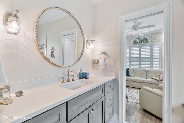 bathroom featuring wood-type flooring, vanity, and ceiling fan