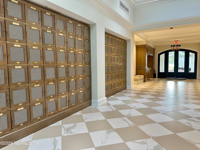 corridor featuring crown molding