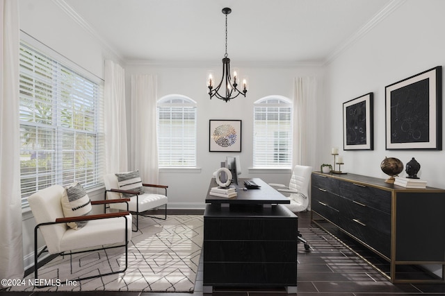 home office with a chandelier, dark wood-type flooring, a healthy amount of sunlight, and ornamental molding