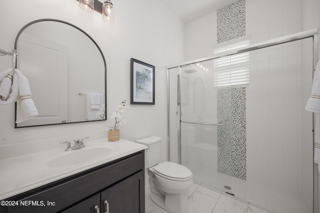 bathroom with vanity, toilet, and walk in shower