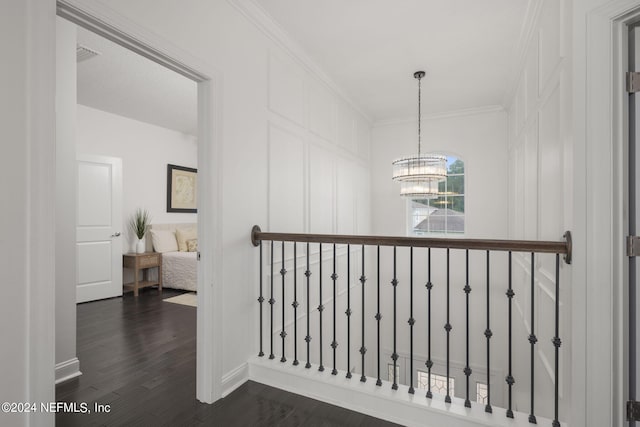 hallway with crown molding, dark wood-type flooring, and an inviting chandelier