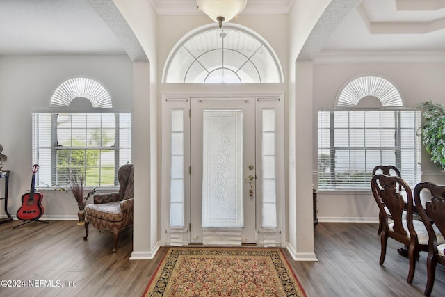 foyer entrance featuring wood-type flooring and crown molding