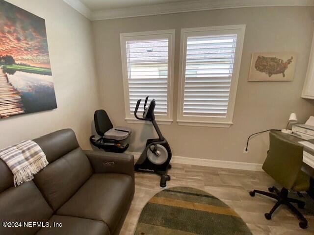 home office with ornamental molding