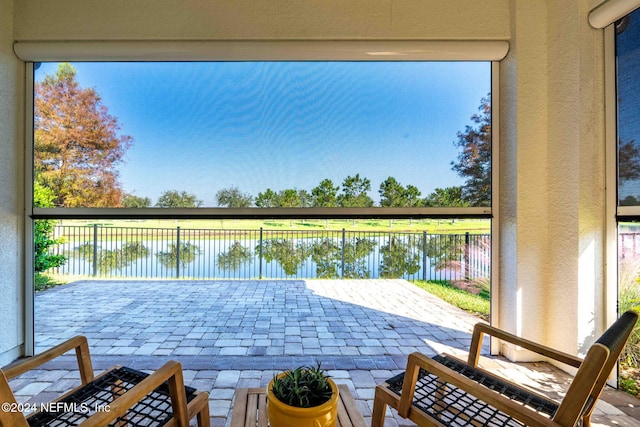 interior space with a water view