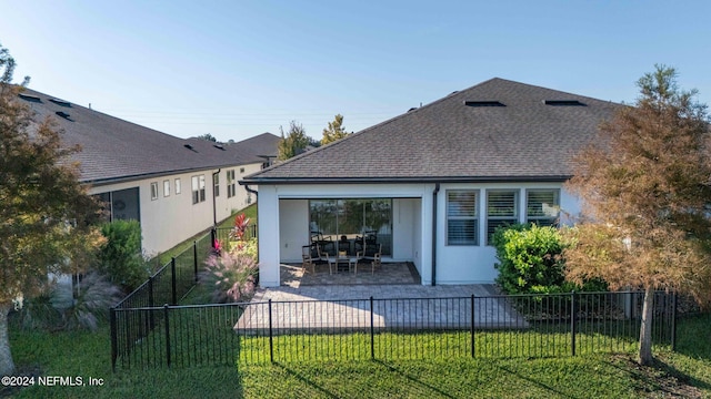 back of property featuring a patio area, an outdoor living space, and a yard