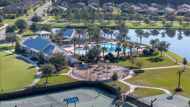 bird's eye view with a water view