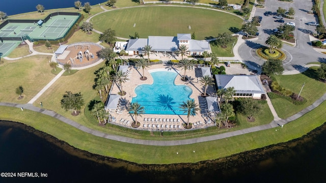 aerial view featuring a water view