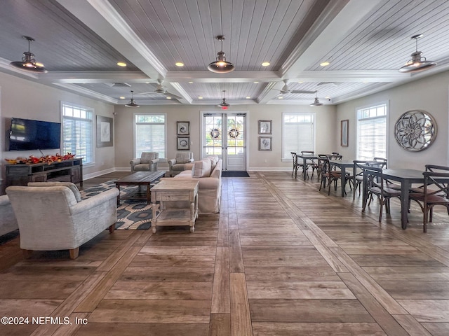 living room with ceiling fan, wooden ceiling, coffered ceiling, beamed ceiling, and hardwood / wood-style flooring