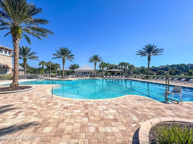 view of swimming pool featuring a patio area