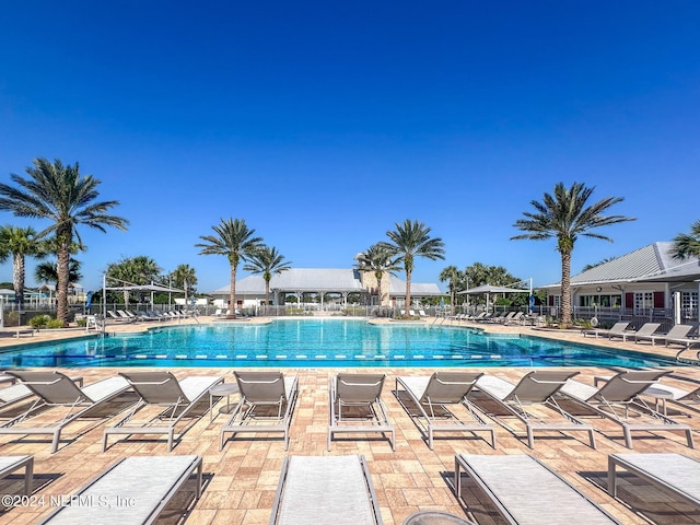 view of swimming pool featuring a patio area