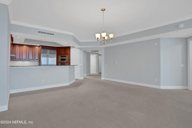 1031 1st St S Unit 504, Jacksonville Beach, FL 32250 - unfurnished living room featuring visible vents, a chandelier, baseboards, ornamental molding, and light colored carpet