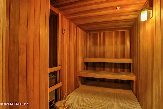 view of sauna / steam room with wood ceiling and wooden walls