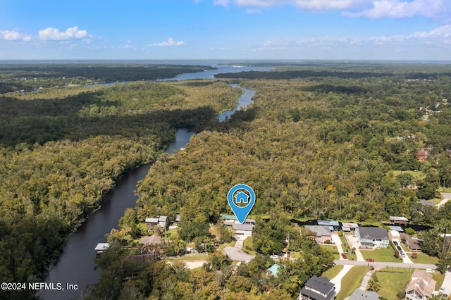 bird's eye view featuring a water view and a view of trees
