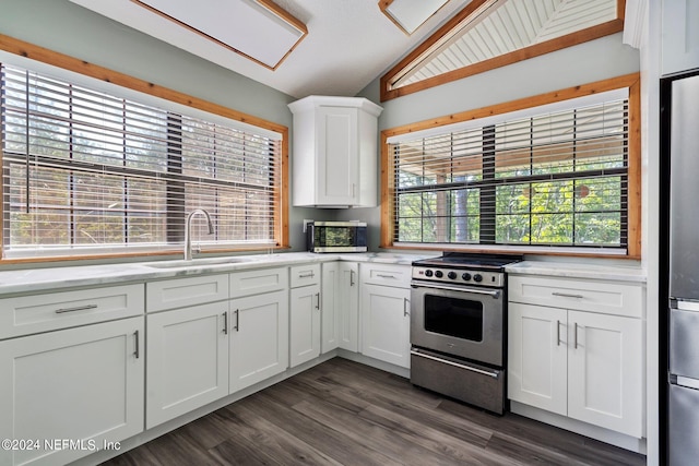 kitchen featuring white cabinets, stainless steel appliances, a sink, dark wood-style floors, and vaulted ceiling