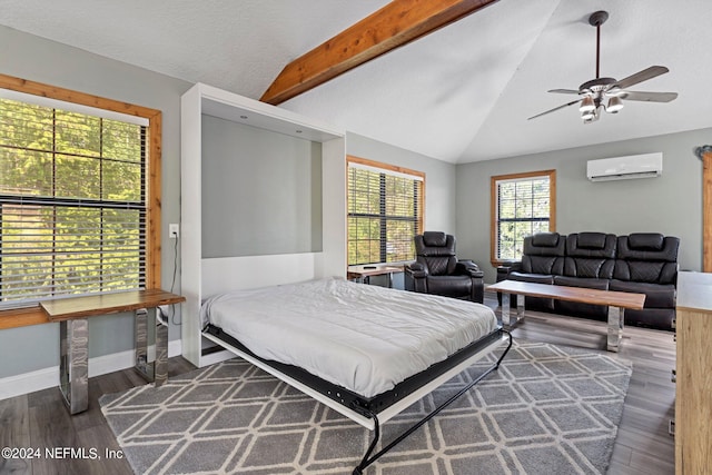 bedroom featuring a wall mounted air conditioner, hardwood / wood-style flooring, vaulted ceiling with beams, and ceiling fan