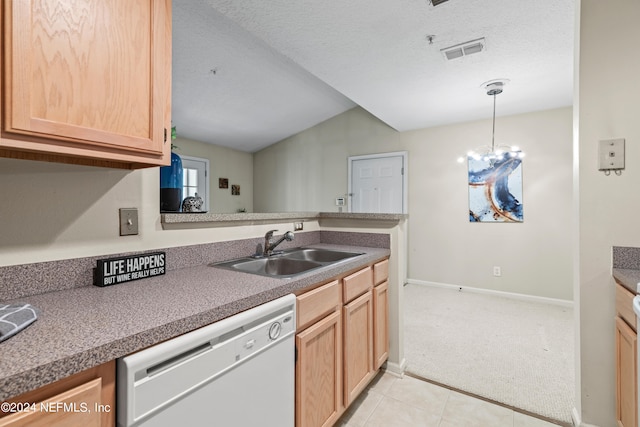 kitchen with light carpet, a notable chandelier, sink, white dishwasher, and a textured ceiling