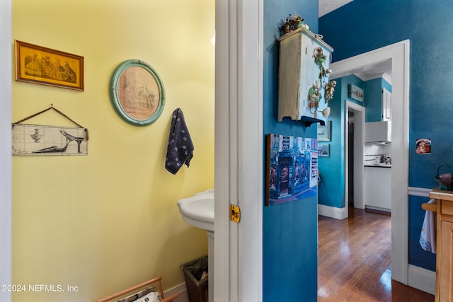 bathroom featuring crown molding and hardwood / wood-style flooring