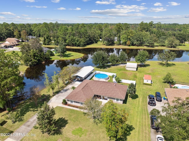 aerial view featuring a water view