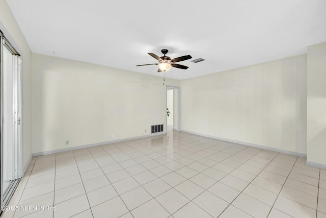 empty room with a ceiling fan, visible vents, and baseboards