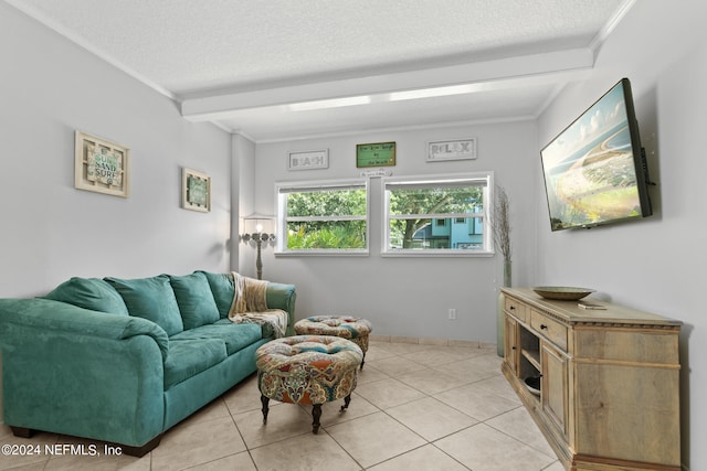 tiled living room featuring a textured ceiling, crown molding, and beam ceiling