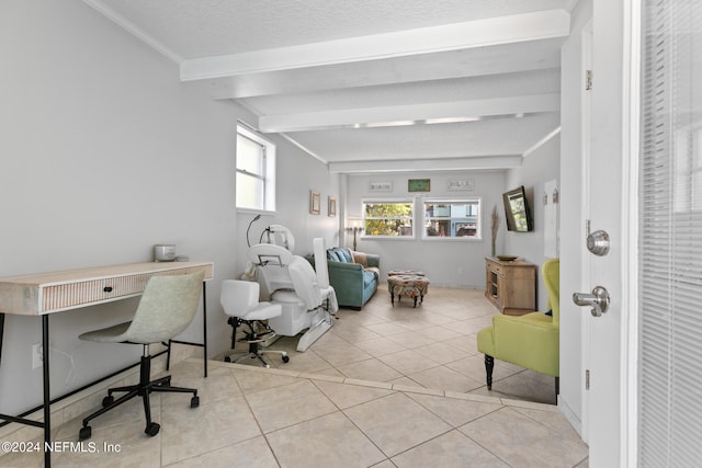 tiled office featuring a textured ceiling, crown molding, and beamed ceiling