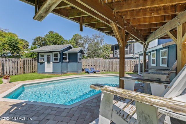 view of pool featuring a storage shed, a yard, and a patio