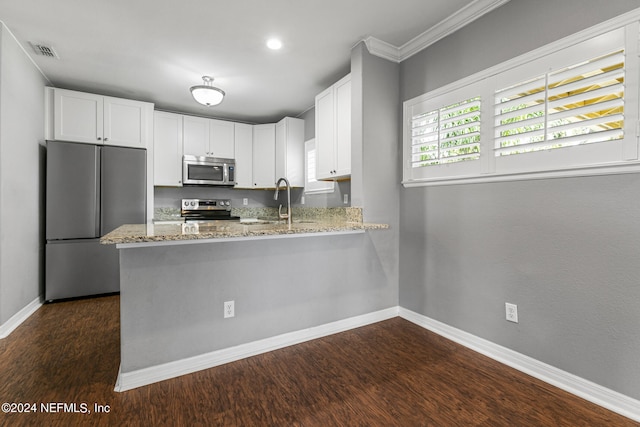 kitchen with dark wood-type flooring, light stone countertops, white cabinets, appliances with stainless steel finishes, and kitchen peninsula