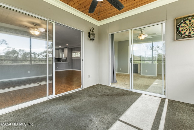 unfurnished sunroom featuring wood ceiling