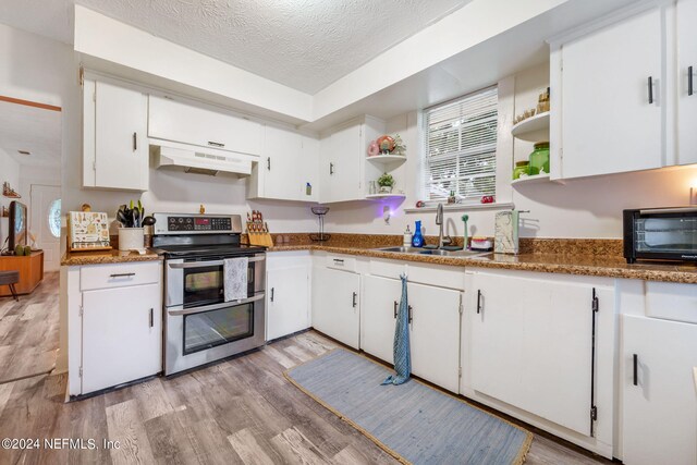 kitchen featuring sink, range with two ovens, and white cabinets