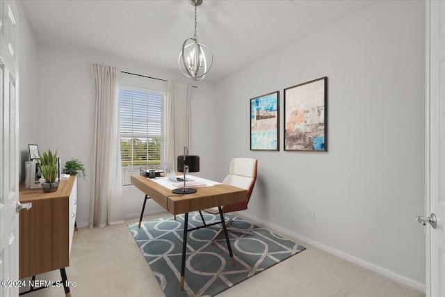 office space with a chandelier and light colored carpet