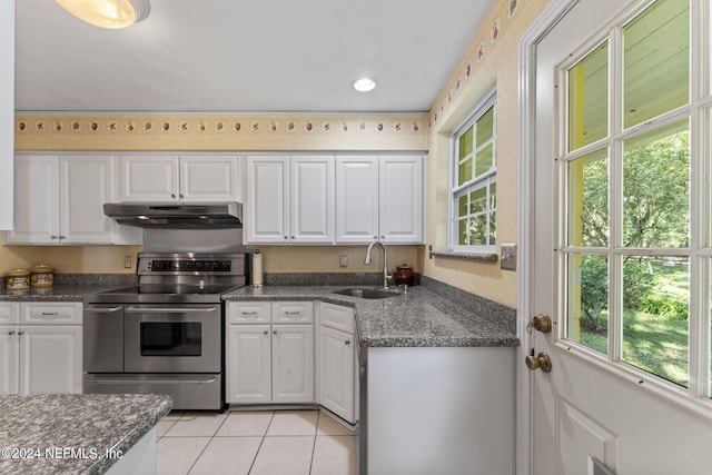 kitchen featuring stainless steel electric range oven, sink, and white cabinetry