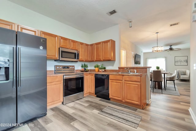 kitchen with decorative light fixtures, stainless steel appliances, light hardwood / wood-style flooring, and sink