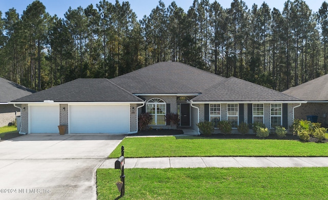 single story home featuring a garage and a front lawn