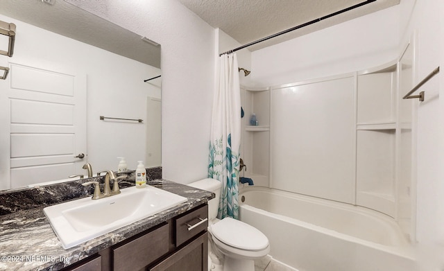 full bathroom with a textured ceiling, shower / bathtub combination with curtain, toilet, and vanity