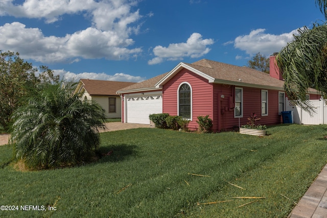 ranch-style home with a garage, driveway, a chimney, and a front yard