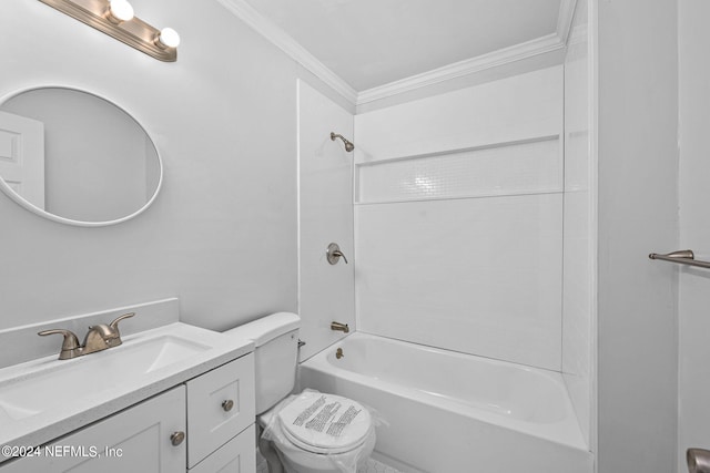 full bathroom featuring bathing tub / shower combination, crown molding, vanity, and toilet