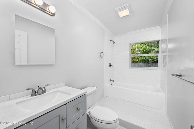 full bathroom featuring ornamental molding, tiled shower / bath combo, vanity, and toilet