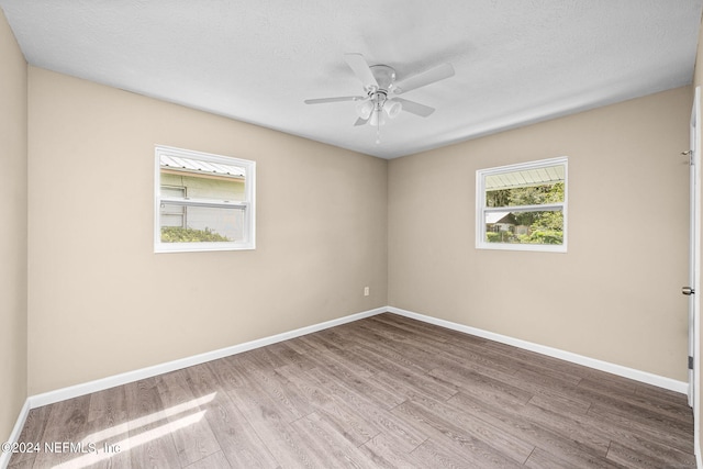 empty room with light wood-type flooring, ceiling fan, and a textured ceiling