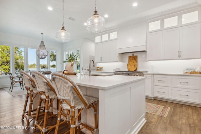 kitchen with a center island with sink, premium range hood, white cabinetry, light hardwood / wood-style flooring, and sink