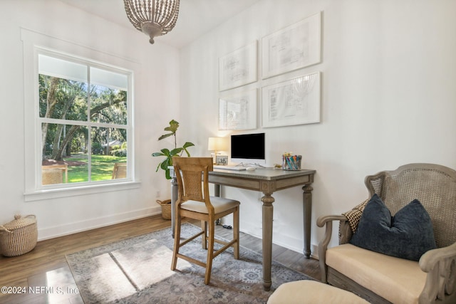 home office featuring dark hardwood / wood-style flooring