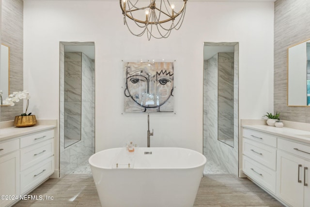 bathroom featuring vanity, tile walls, and independent shower and bath