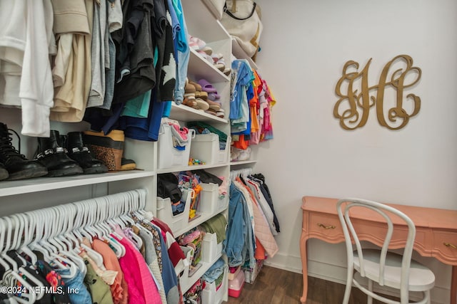 walk in closet with dark hardwood / wood-style flooring