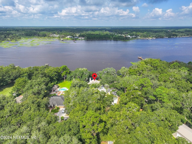 drone / aerial view with a water view