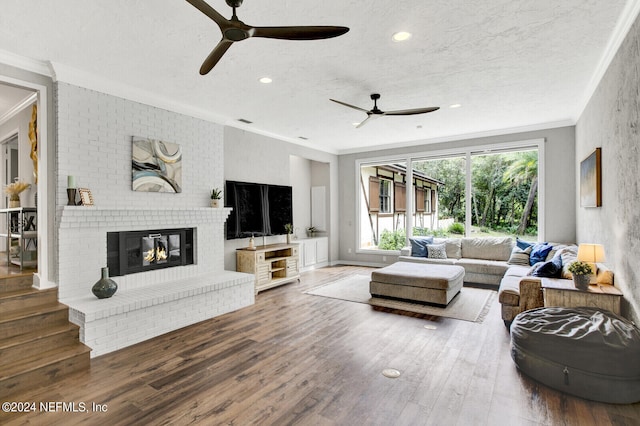 3565 Red Cloud Trl, Saint Augustine, FL 32086 - living room with wood finished floors, a ceiling fan, crown molding, a fireplace, and a textured ceiling