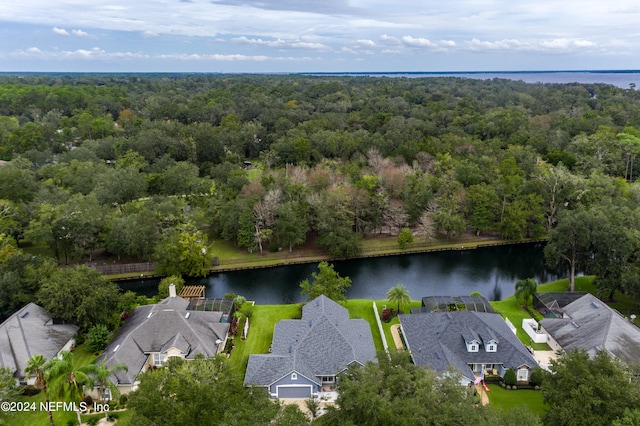 drone / aerial view featuring a water view