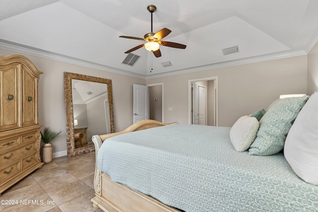 tiled bedroom with lofted ceiling, crown molding, and ceiling fan